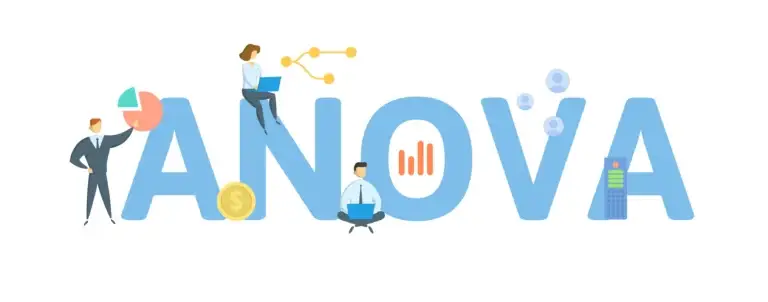 Illustrative graphic spelling out 'ANOVA' with human figures and data icons integrated into the letters.