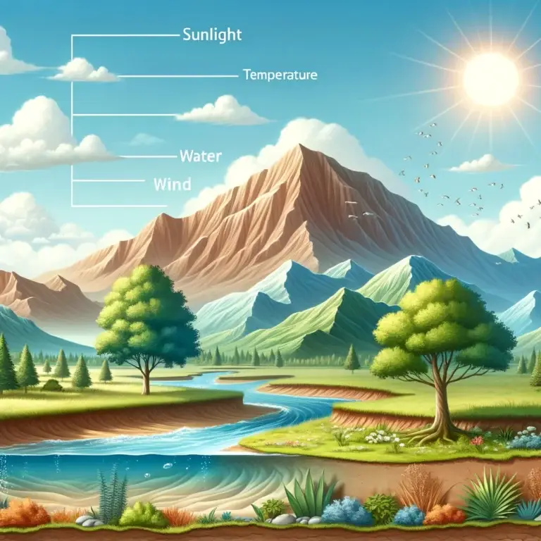 A picturesque landscape showcasing a mountain range, a winding river, lush trees, and clear skies and listing the abiotic factors; sunlight, temperature, water, and wind.