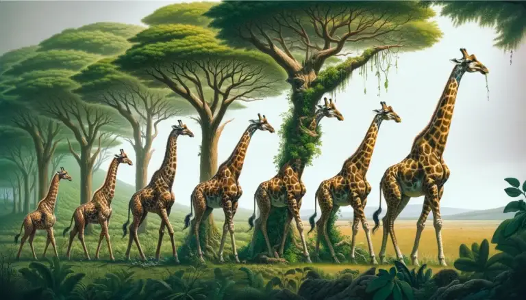 Sequential evolution of giraffes with necks lengthening over time showing adaptation.