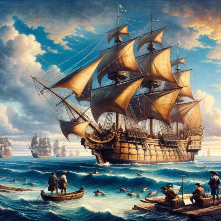 A scene of maritime exploration with a sailing ship on the open ocean, sailors at work, and distant lands on the horizon.