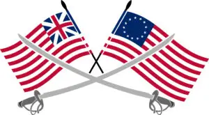 Image of two crossed flags, one the British Union Jack and the other an early American flag, with crossed swords beneath them depicting the war between them during the American Revolution.
