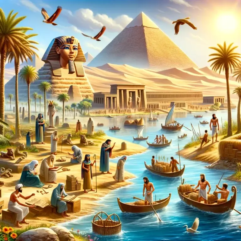 Ancient Egypt civilization with the Great Pyramid of Giza, Nile River, and Thebes cityscape.