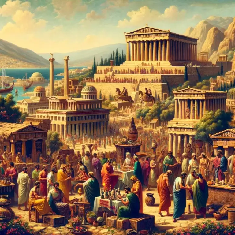 Ancient Greece landscape with the Acropolis of Athens, bustling agora, and temples by the Aegean Sea.