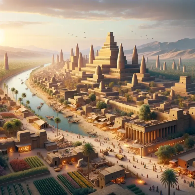 Ancient Mesopotamian cityscape with ziggurats, market stalls, and a grand palace along the Tigris and Euphrates rivers.