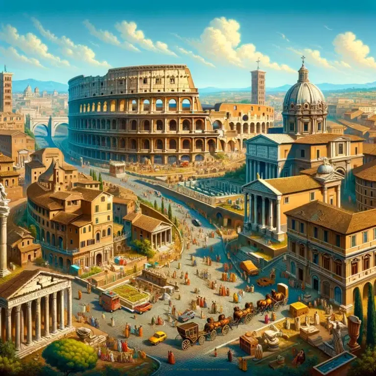 Panoramic view of ancient Rome with the Colosseum, Forum Romanum, Pantheon, and vibrant city life.