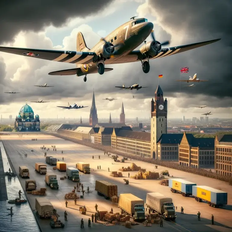 Historic Berlin Airlift scene with a C-47 Dakota unloading supplies at Tempelhof Airport, Berlin skyline in the background.