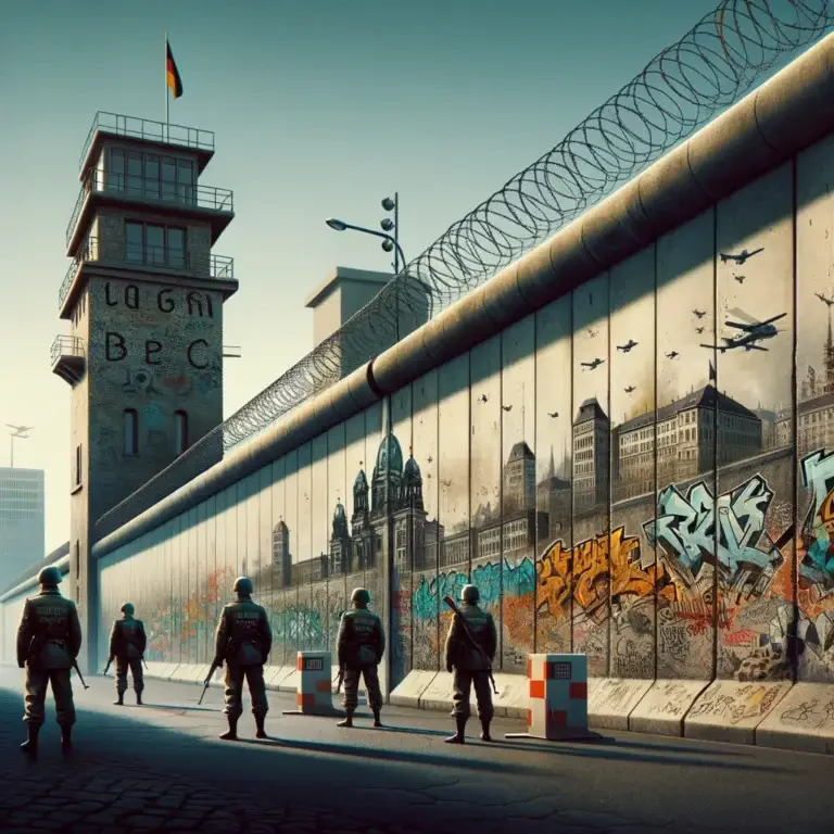 The Berlin Wall dividing East and West Berlin, with graffiti-covered concrete, guard towers, and barbed wire.