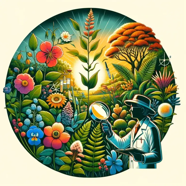 Image of a botanist examining diverse plant species with a magnifying glass in a lush garden setting.