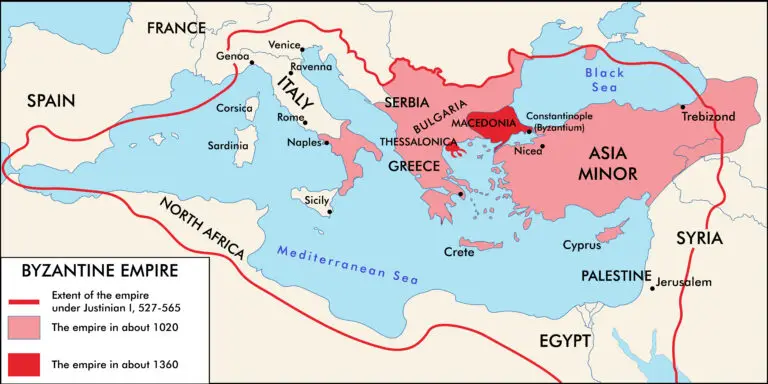 A historical map depicting the territorial changes of the Byzantine Empire at three different points in time, with color-coded areas showing its extent under Justinian I, around 1020, and around 1360.