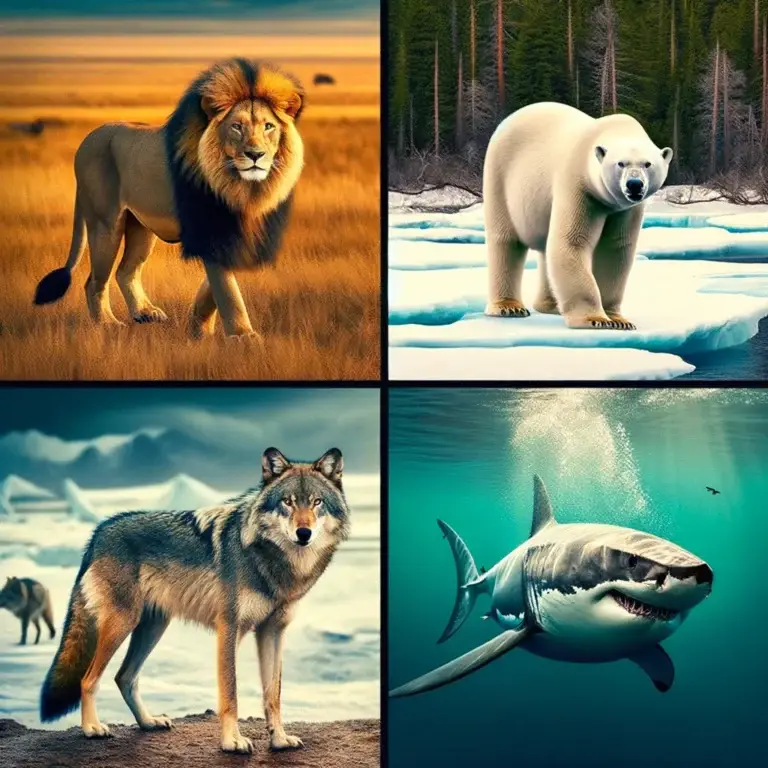 An image showing four different carnivorous animals in their respective habitats: a lion in the savannah, a polar bear on an ice floe, wolves in the forest, and a great white shark underwater.