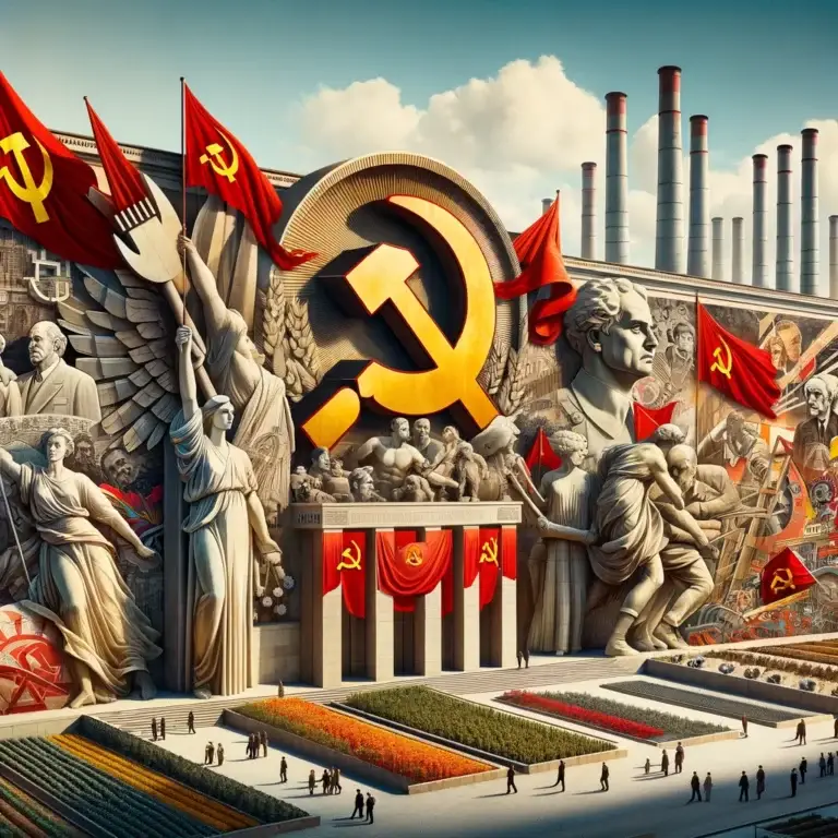 Symbolic representation of communism with the hammer and sickle, red flags, collective agriculture, industrial labor, and utilitarian architecture.