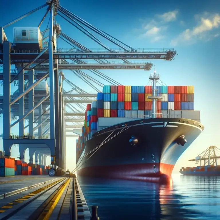 Large cargo ship docked at a commercial port with colorful shipping containers and towering gantry cranes against a clear blue sky.