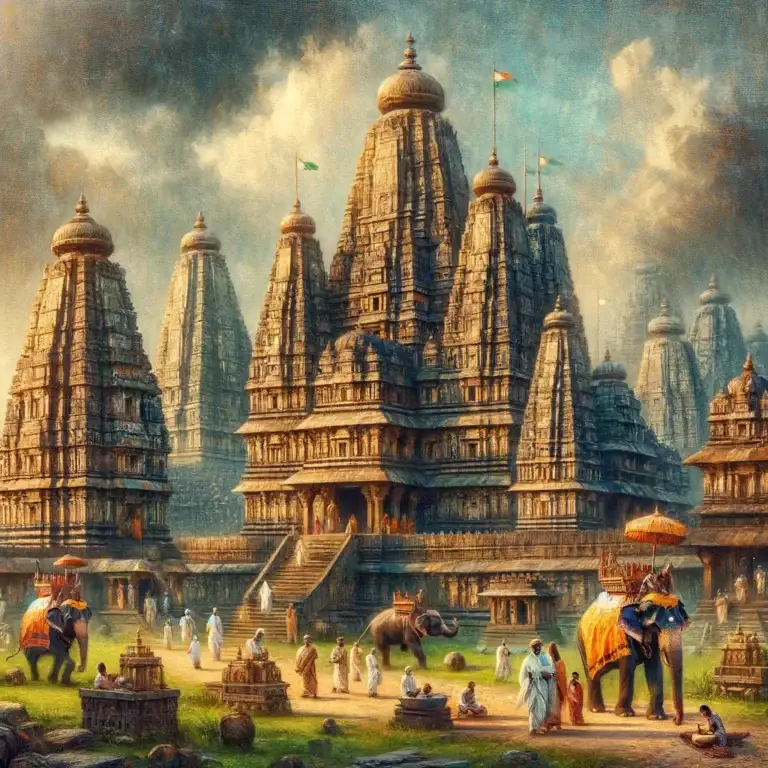 An ancient Indian temple with intricate architecture, priests, worshippers, and elephants against a backdrop of lush greenery and a dramatic sky.