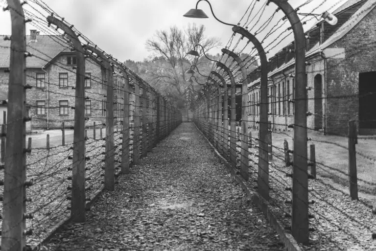 Barbed wire fences lining a desolate path between prison buildings, evoking historical somberness.