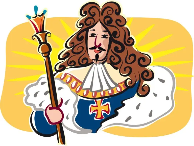 Illustration of Louis XIV "Sun King" with a sunburst background, holding a scepter, who was a symbol of absolutism.