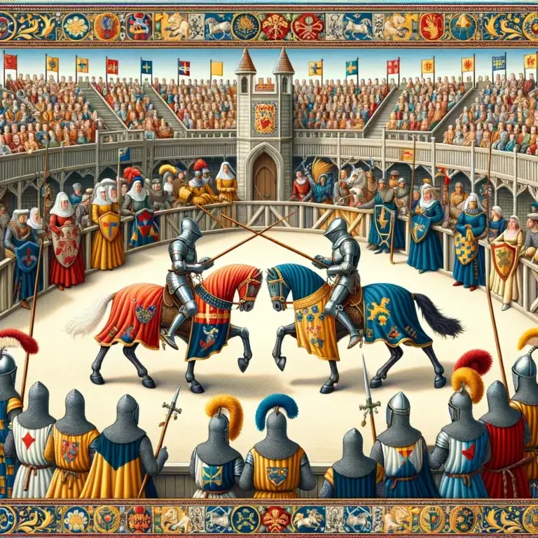 An intricately designed medieval tournament tapestry depicting knights jousting in the Middle Ages on horseback, surrounded by a crowd of spectators, with heraldic banners in the background.