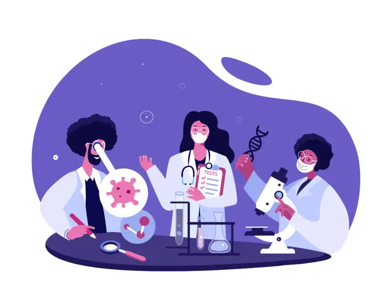 Illustration of three scientists in a laboratory setting, with one examining a magnified virus, another holding a test tube, and the third analyzing a DNA helix.