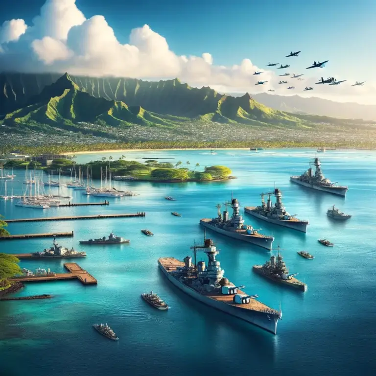 A serene pre-attack view of Pearl Harbor with docked U.S. naval vessels and Japanese planes flying in the distance toward the harbor.