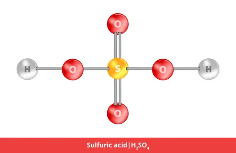 Molecular structure model of sulfuric acid (H₂SO₄) showing two hydrogen atoms, one sulfur atom, and four oxygen atoms connected by straight lines representing chemical bonds.