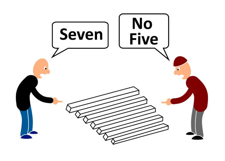 An image depicting absolute error with two cartoon men arguing over the number of lines drawn, with speech bubbles saying 'Seven' and 'No Five'.