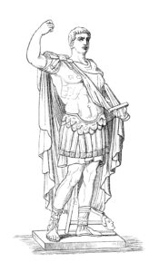 Engraving of a statue of Augustus Caesar, portrayed in a traditional Roman military outfit with a raised arm.