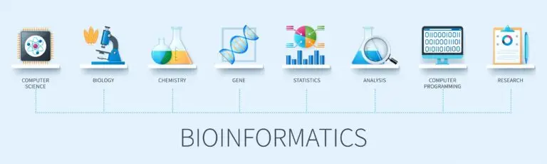 A series of icons representing different fields integral to bioinformatics: computer science, biology, chemistry, genes, statistics, analysis, computer programming, and research.