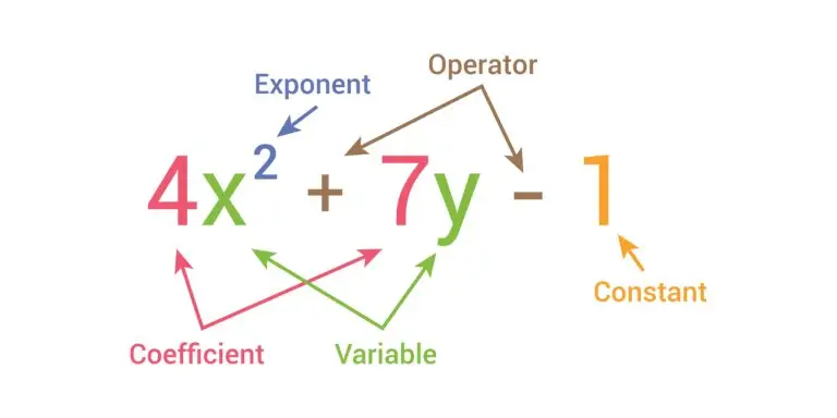 Illustration of the mathematical expression 4x^2 + 7y - 1 with labels identifying the coefficient, variable, exponent, operator, and constant.