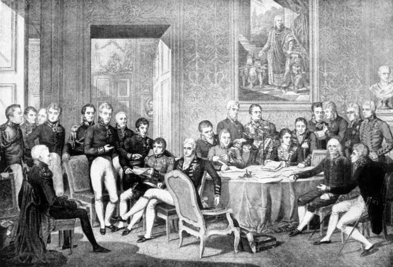 Black and white engraving depicting the Congress of Vienna, with various dignitaries and statesmen seated around a table filled with documents.