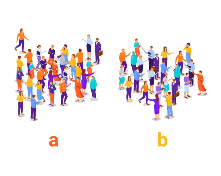 Illustration of two groups of isometric people with the letters 'a' and 'b' indicating two separate groups, a control group and a treatment group.