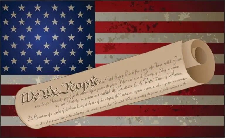 An image of an aged American flag in the background with the Declaration of Independence scroll superimposed on the foreground.