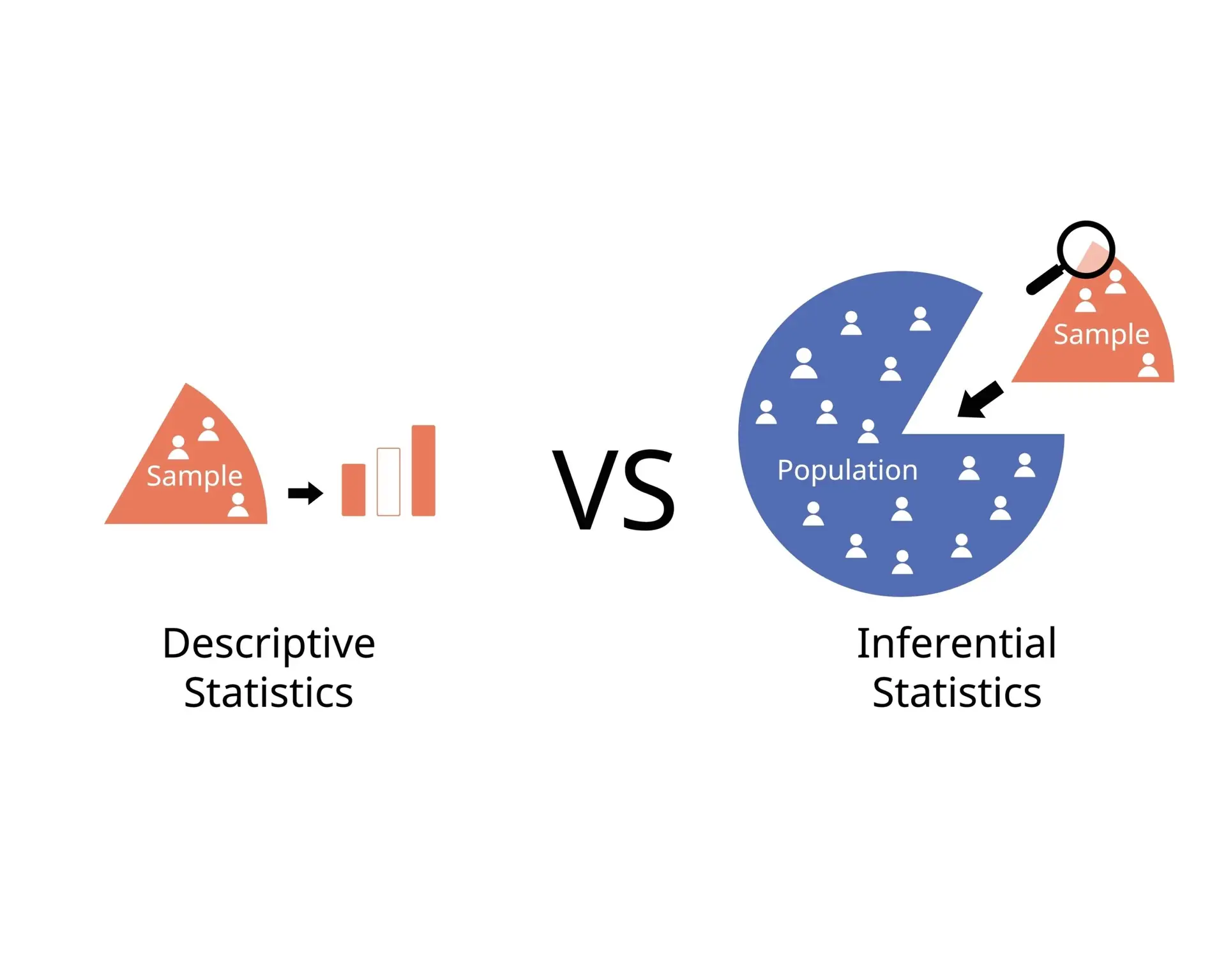 Image comparing descriptive statistics, showing a sample and bar graph, to inferential statistics, showing a magnified sample within a population pie chart.