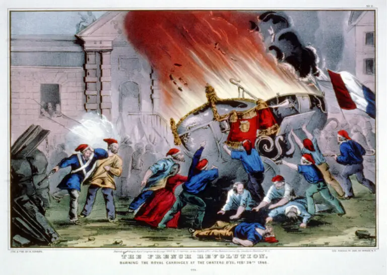 Colored picture depicting the burning of royal carriages during the French Revolution, with frenzied revolutionaries surrounding the flames.