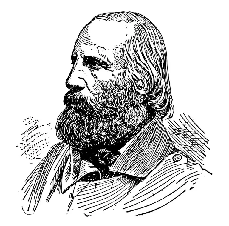 Black and white sketch of Giuseppe Garibaldi, an Italian general and nationalist. Garibaldi is depicted in profile with a full beard and long hair, wearing a coat with a high collar.