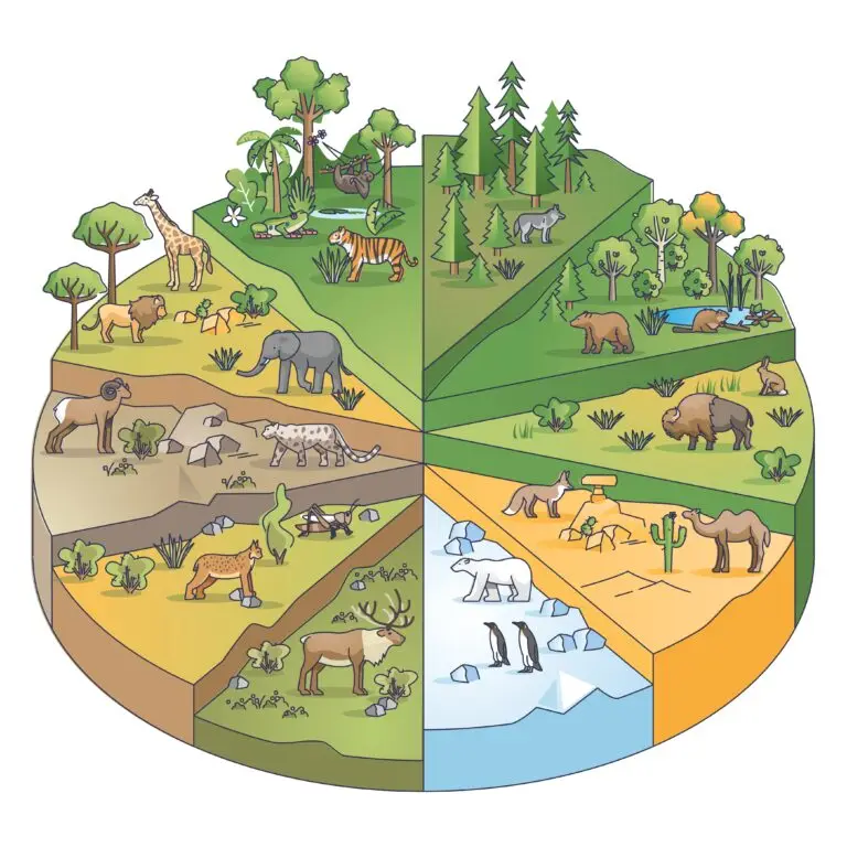 Illustration of various animal habitats segmented into a circular diagram.