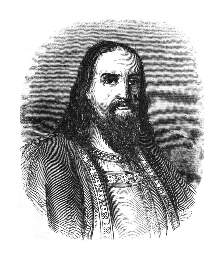 Engraving of a medieval nobleman with a stern expression, long beard, and wearing a robe with decorative borders, possibly from the Hundred Years' War period.