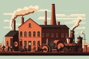 Illustration depicting the Industrial Revolution in Europe with factories emitting smoke, a steam locomotive, and people in period attire.