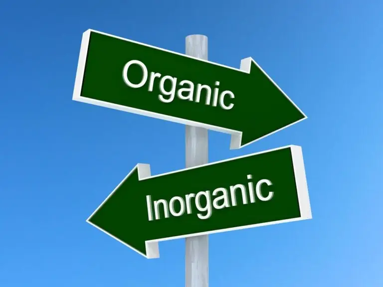 Image of two directional signs pointing in opposite directions, one labeled "Organic" and the other "Inorganic," against a clear blue sky.