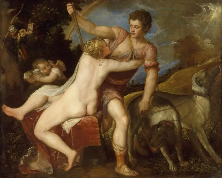 An Italian Renaissance painting by Tiziano Vecellio depicting Adonis and Venus.