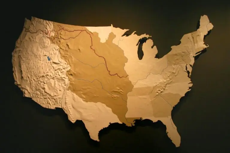 A raised relief map of the United States with prominent features marked, indicating the geographical expansion due to the Louisiana Purchase.