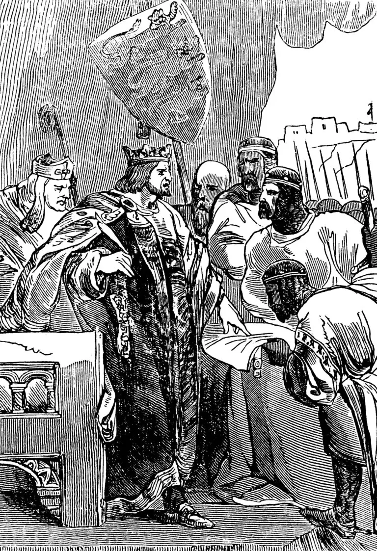 Illustration of King John and a group of barons during the signing of the Magna Carta.