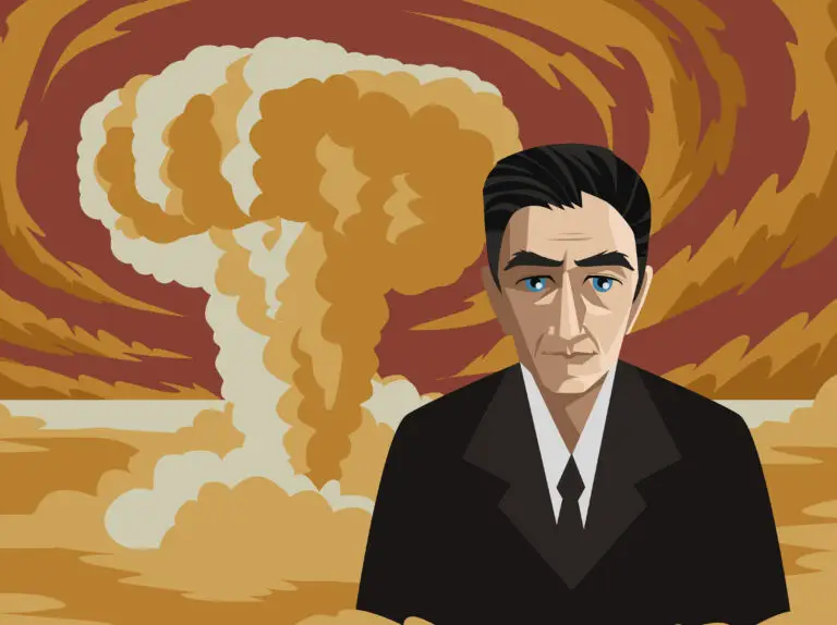 Illustration of J. Robert Oppenheimer with a nuclear explosion in the background, symbolizing the Manhattan Project.