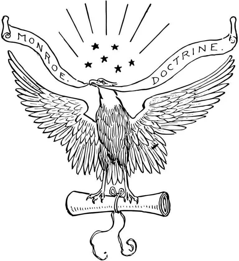 Illustration of an eagle with outstretched wings, holding a banner reading "MONROE DOCTRINE" in its beak, above a scroll.