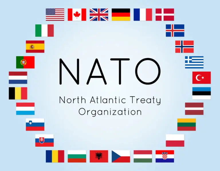 A collection of national flags representing member countries of NATO arranged in a square border around the acronym "NATO," with the full name "North Atlantic Treaty Organization" underneath.