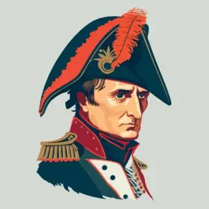 Stylized illustration of Napoleon Bonaparte in military attire and his iconic bicorne hat.