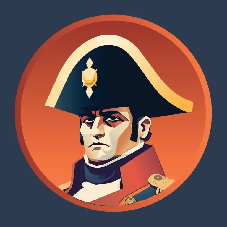 Stylized portrait of a male military figure reminiscent of the Napoleonic era, with a stern expression, wearing a black bicorne hat with a gold emblem, and a red military uniform with gold epaulettes.