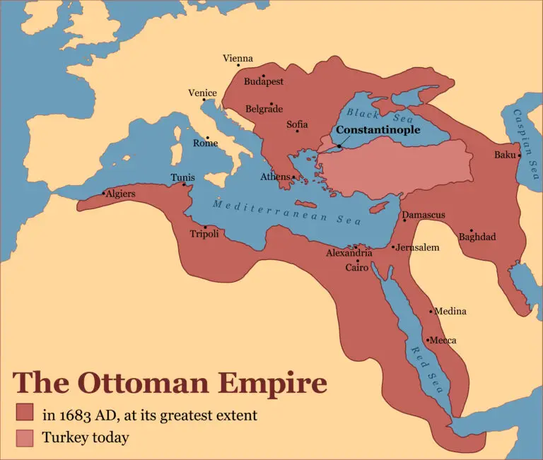 Map showing the vast territory of the Ottoman Empire in 1683, colored in dark red, alongside the smaller area of modern-day Turkey in lighter red.