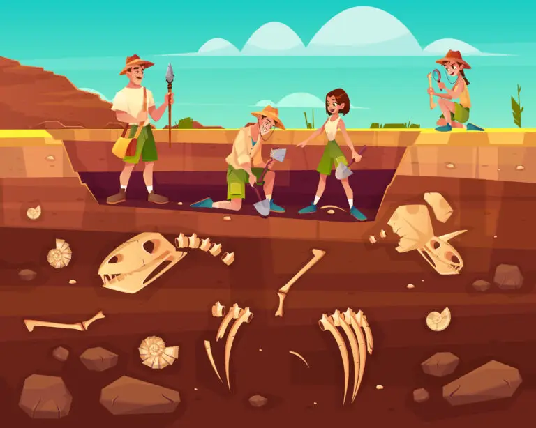 Illustration of paleontologists at an excavation site uncovering fossilized bones.