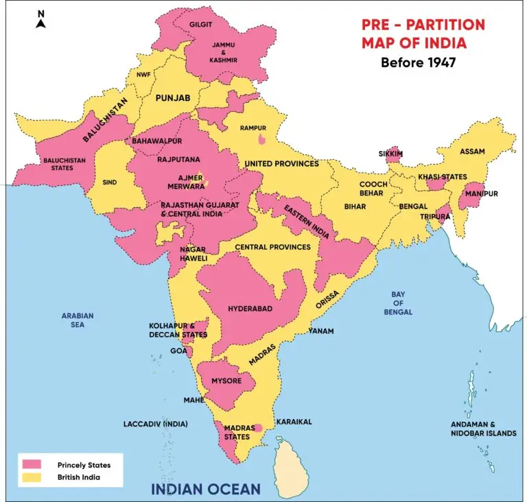 Map displaying the geopolitical divisions of India prior to the partition of 1947 with regions labeled in various colors indicating Princely States and British India.