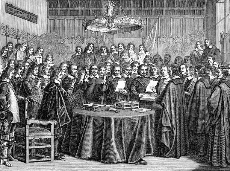 A historical engraving depicting the Peace of Westphalia negotiations with a group of dignitaries and statesmen gathered around a table, some holding documents, indicative of a diplomatic conference.