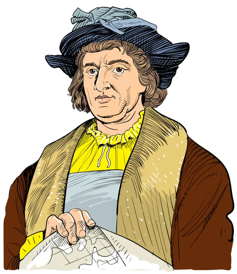 Illustration of a man often associated with the era of exploration, depicted with a determined expression, wearing a blue hat and period clothing, holding navigational maps.